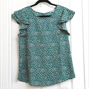 White Birch Green Floral Blouse EUC